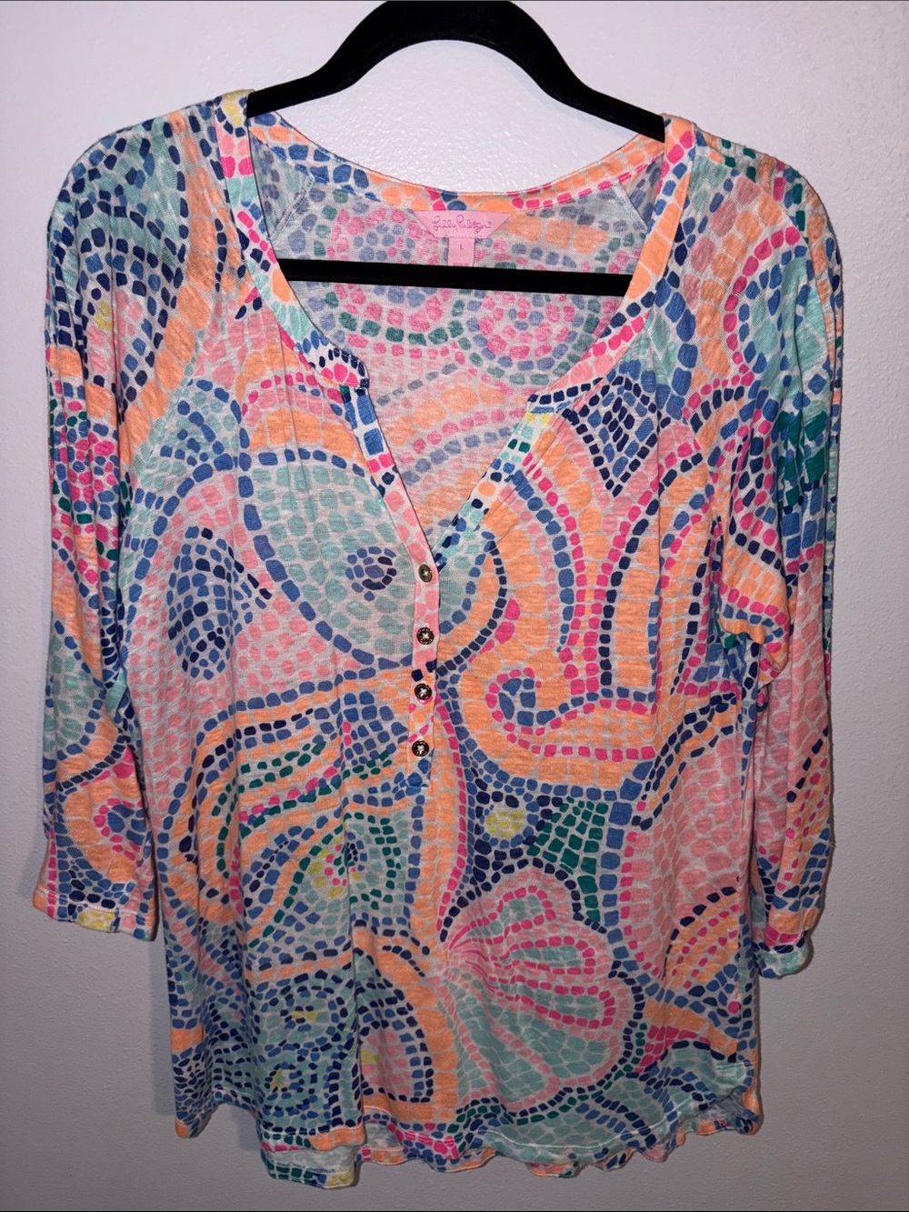 Lilly Pulitzer Multi-Color Mosaic Linen Henley Top, sz L